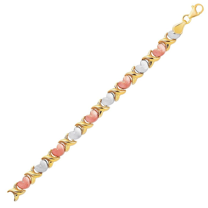 14k Tri-Color Gold Fancy Satin Heart Line Bracelet.