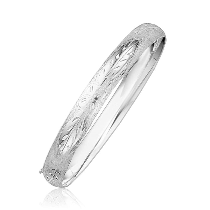 Classic Floral Carved Bangle in 14k White Gold (8.0mm).