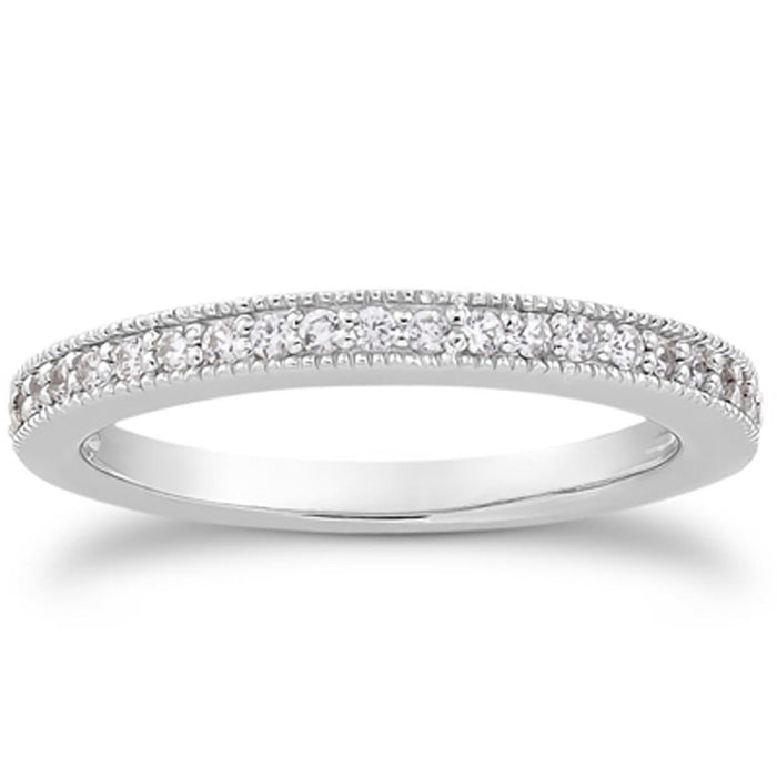 14k White Gold Pave Diamond Milgrain Wedding Ring Band Set 1/2 Around.