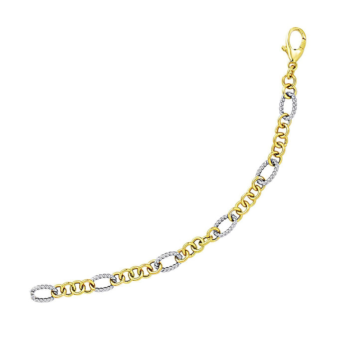 14k Two-Tone Gold Rope Motif Oval and Round Link Chain Bracelet.