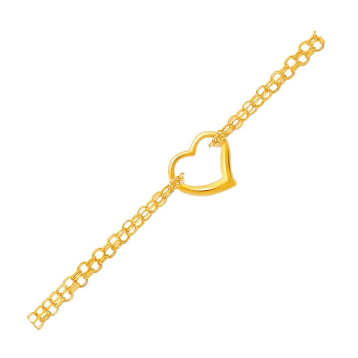 14k Yellow Gold Double Rolo Chain Anklet with an Open Heart Station.