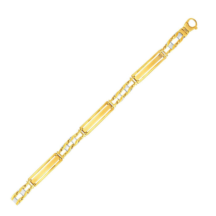 14k Two-Tone Gold Fancy Bar Style Men's Bracelet with Curved Connectors.