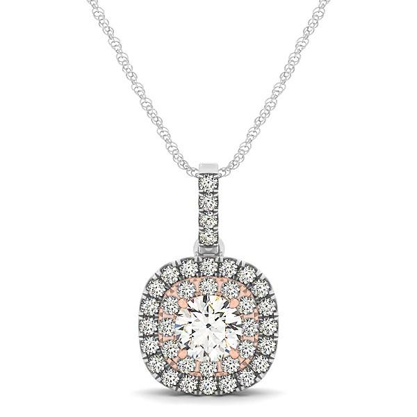 14k White And Rose Gold Cushion Shape Halo Diamond Pendant (1/2 cttw).