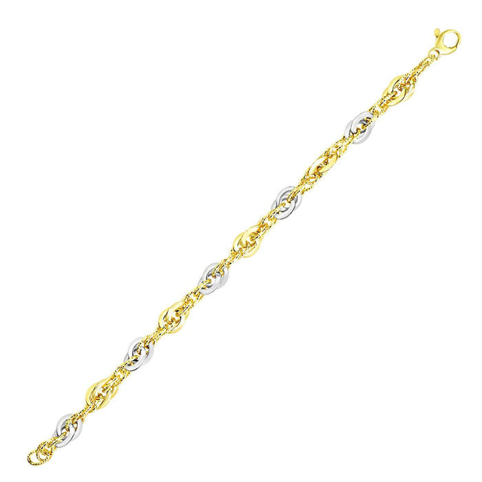 14k Two-Tone Gold Interlaced Smooth and Textured Link Bracelet.