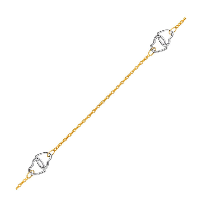 14k Two Tone Gold Entwined Heart Stationed Anklet.