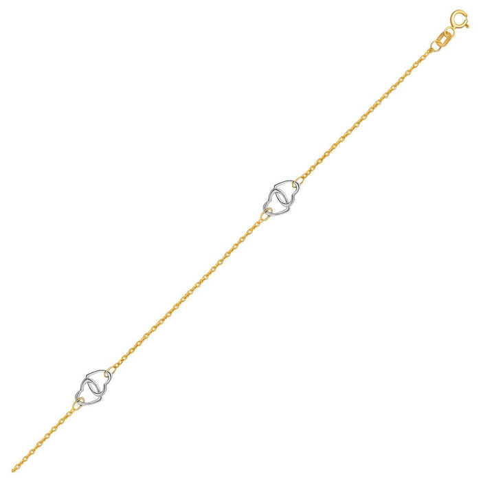 14k Two Tone Gold Entwined Heart Stationed Anklet.