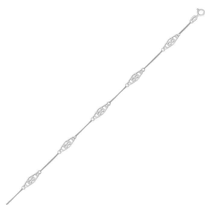 14k White Gold Anklet with Fancy Diamond Shape Filigree Stations.