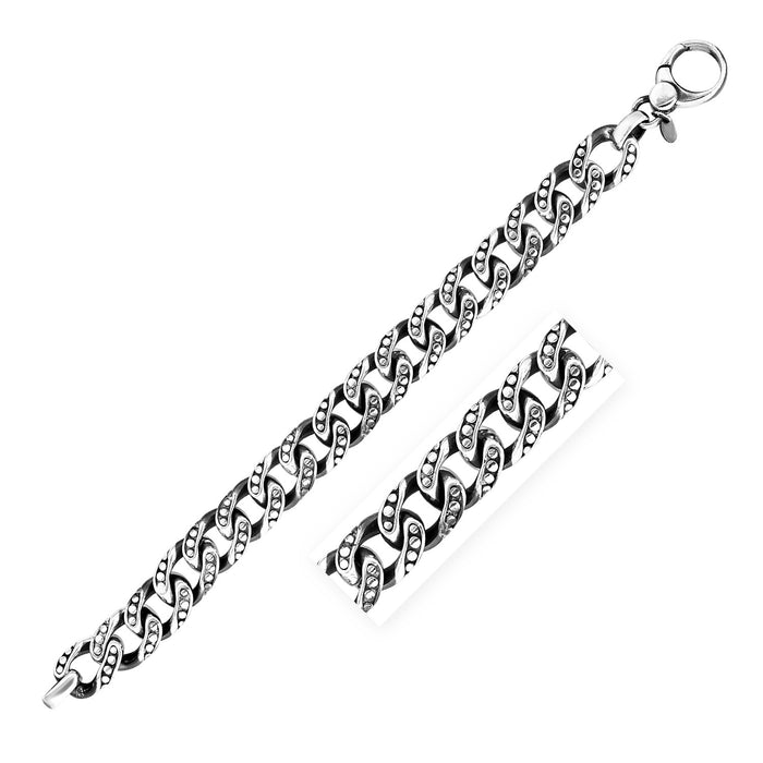 Sterling Silver Gunmetal Finish Cuban Link Bracelet with Dots.