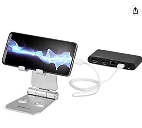 StarTech.com Phone and Tablet Stand for devices such as an iPad Pro or Samsung Galaxy tablet -Adjustable Smartphone and Tablet Stand - Portable Phone/Tablet Holder - Multi Angle - Foldable - Aluminum